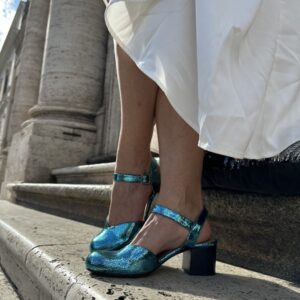 Capri slingback blu metallizzate da donna in pelle con tacco 5
