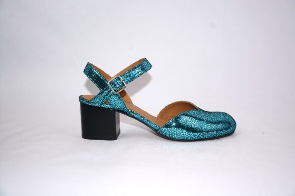 Capri sabot blu metallizzate da donna in pelle con tacco 5