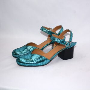 Capri sabot blu metallizzate da donna in pelle con tacco 5
