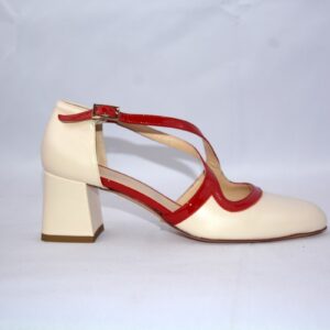 Olen dècolletè aperte donna in pelle color  panna con cinturini charleston e tacco t