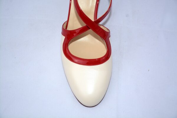 Olen dècolletè aperte donna in pelle color  panna con cinturini charleston e tacco t - immagine 10
