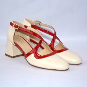 Olen dècolletè aperte donna in pelle color  panna con cinturini charleston e tacco t