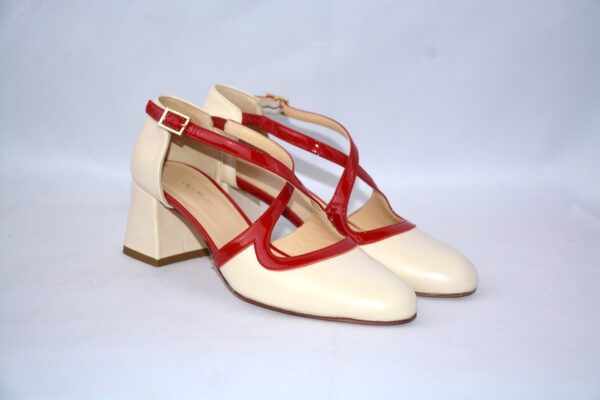 Olen dècolletè aperte donna in pelle color  panna con cinturini charleston e tacco t
