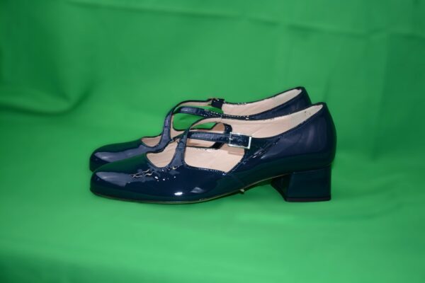 Lulù dècolletè donna in vernice blu con cinturini charleston e tacco 35