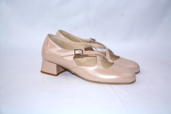 Lulù dècolletè donna in vernice beige con cinturini charleston e tacco 35