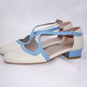 Lulù dècolletè aperte donna in pelle azzurra  con cinturini charleston tacco 35
