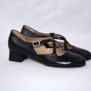 Lulu dècolletè donna in pelle nera con cinturini charleston e tacco 35
