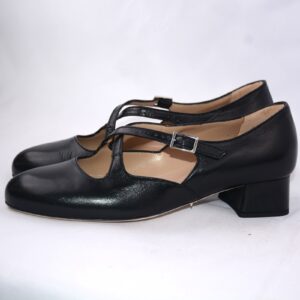 Lulu dècolletè donna in pelle nera con cinturini charleston e tacco 35