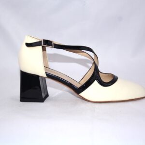 Olen dècolletè donna aperte in pelle color panna con cinturini charleston e tacco 5
